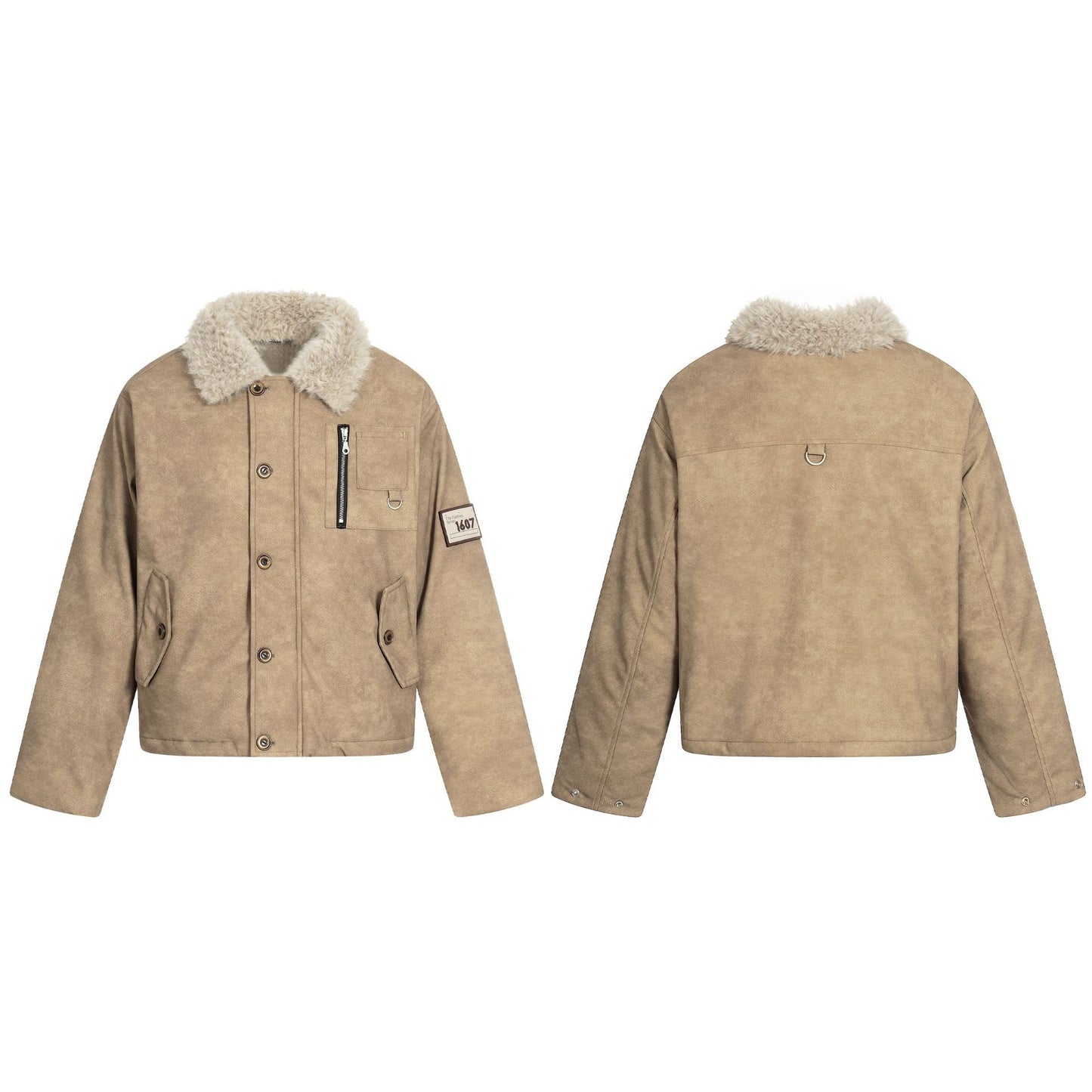 Badge Embroidered Faux Fur Collar PU Leather Short Flight Jacket