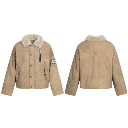 Badge Embroidered Faux Fur Collar PU Leather Short Flight Jacket