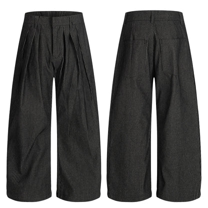 Retro Unisex Trendy Pleated Deconstructed Design Men's Loose Knife-Striped Casual Trousers