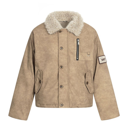 Badge Embroidered Faux Fur Collar PU Leather Short Flight Jacket
