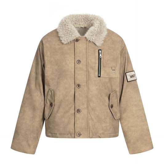 Badge Embroidered Faux Fur Collar PU Leather Short Flight Jacket