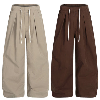 Retro Unisex Trendy Pleated Deconstructed Design Men's Loose Wide-Leg Solid Color Cargo Pants