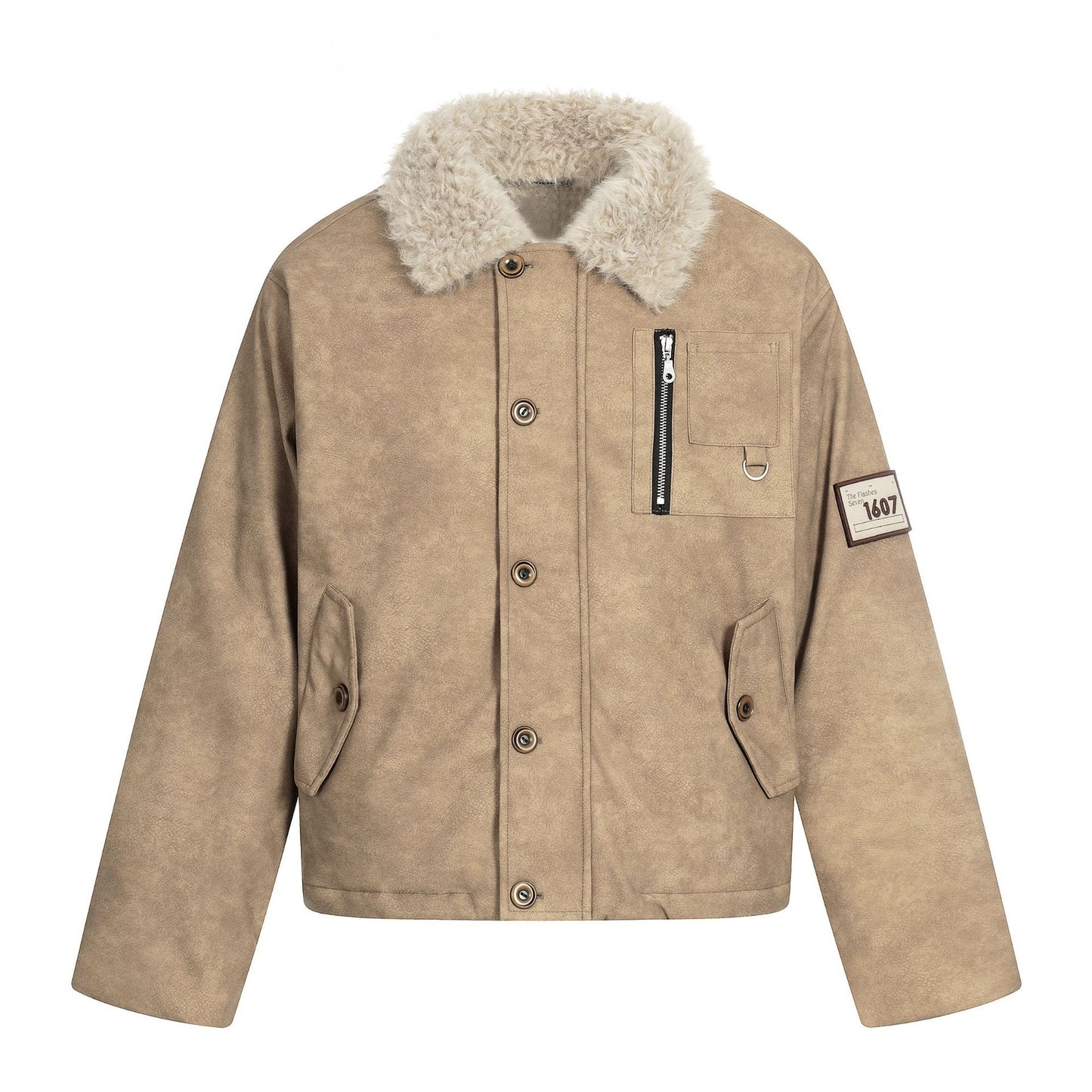 Badge Embroidered Faux Fur Collar PU Leather Short Flight Jacket