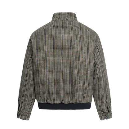 Short Length Stand Collar Warm Checkered Harrington Cotton Coat