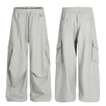 Retro Stylish Loose-Fit Solid Color Multi-Pocket Wide-Leg Men's Casual Sweatpants
