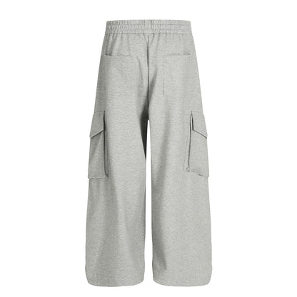 Retro Stylish Loose-Fit Solid Color Multi-Pocket Wide-Leg Men's Casual Sweatpants