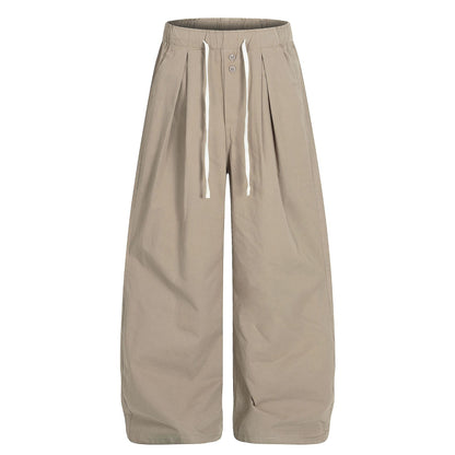 Retro Unisex Trendy Pleated Deconstructed Design Men's Loose Wide-Leg Solid Color Cargo Pants