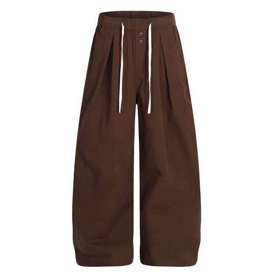 Retro Unisex Trendy Pleated Deconstructed Design Men's Loose Wide-Leg Solid Color Cargo Pants